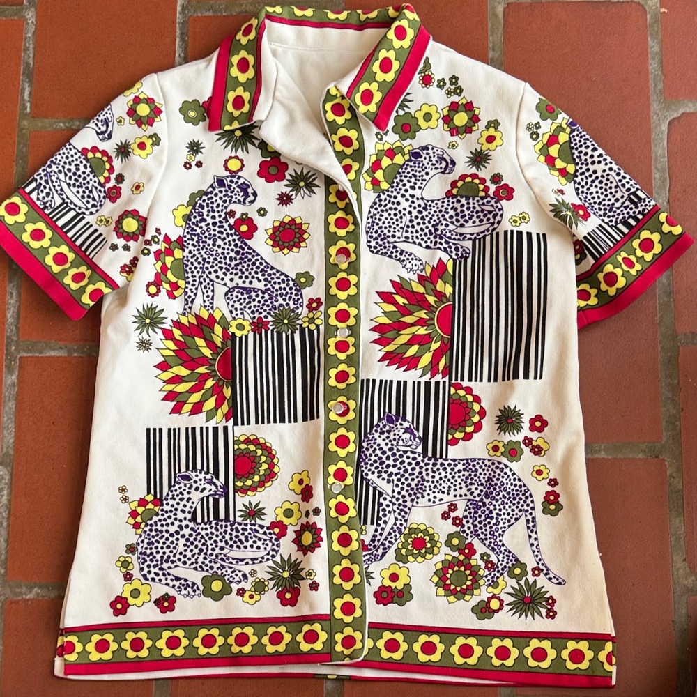 1970s Vintage Polyester Shirt with Animal Print
